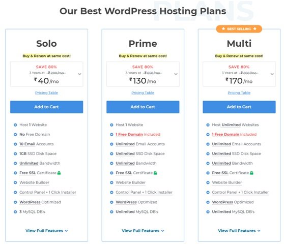 plans for WordPress hosting
